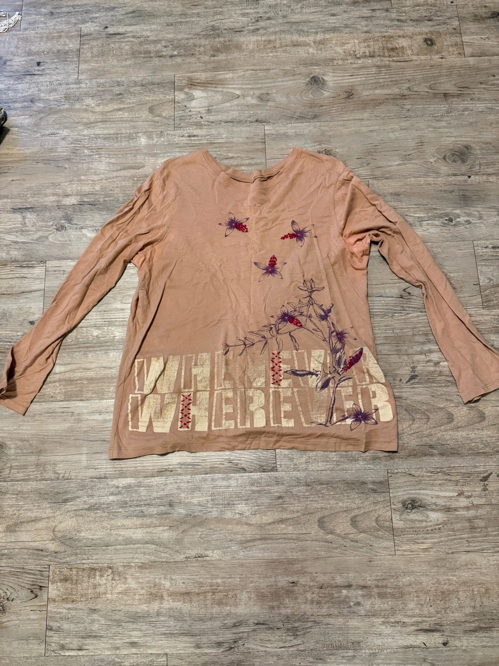 Old Navy Dusty Peach Long Sleeve Tee with Purple Floral & Gold Graphic